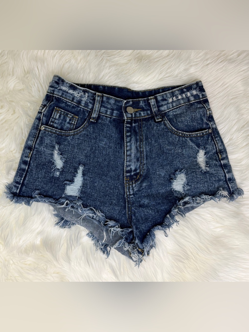 High-Rise Distressed Denim Shorts - Dark Blue S